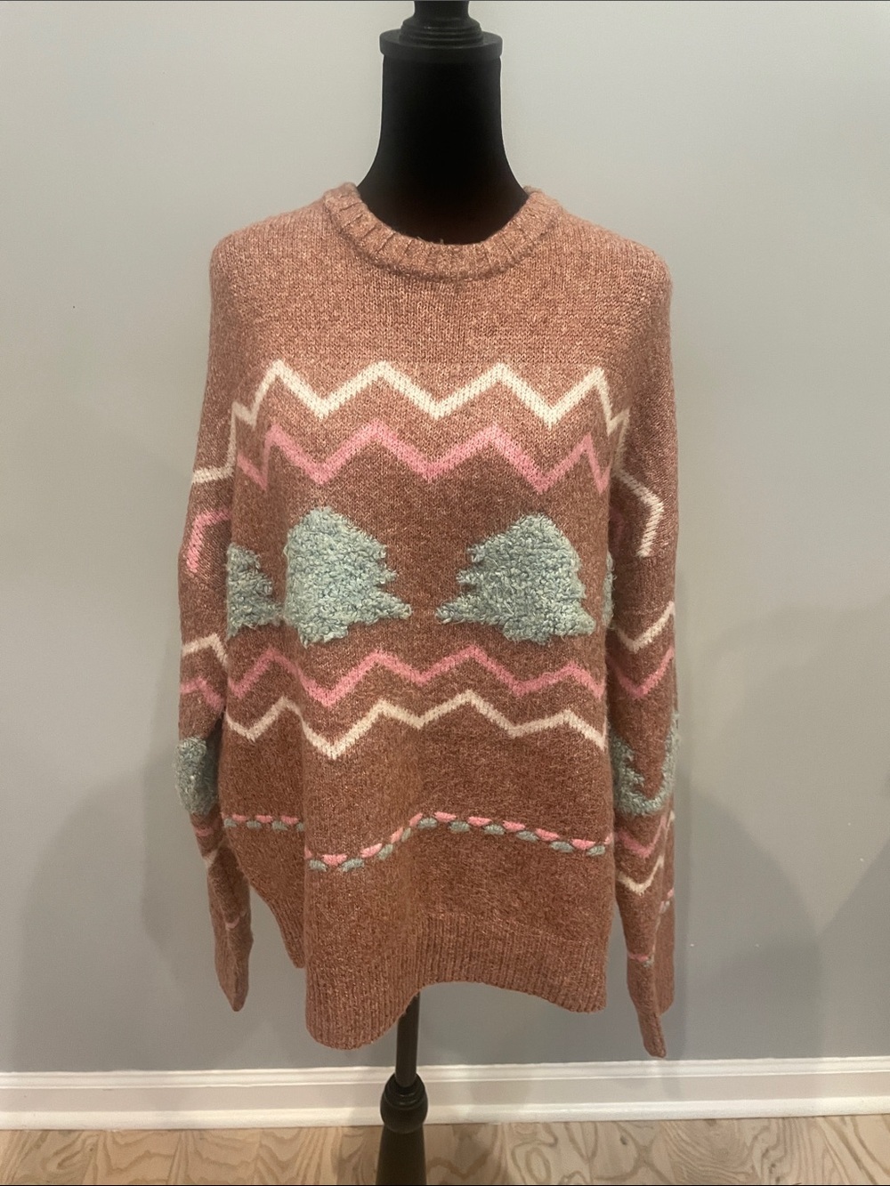 ADORA Rose Pink Chevron Crewneck Sweater with Mint Accents